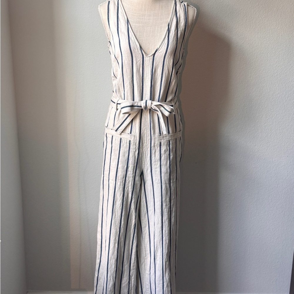Madewell White and Blue Striped Jumpsuit with Belted Waist